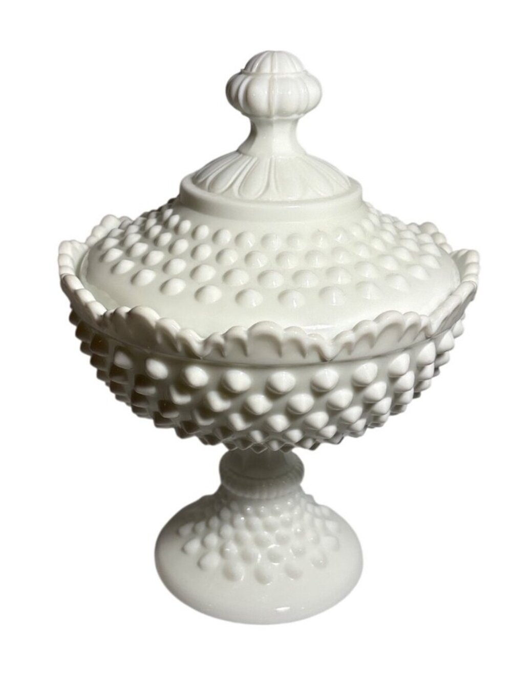 Fenton Hobnail Covered Pedestal Candy Dish Bowl 8.5" Scalloped White Milk Glass